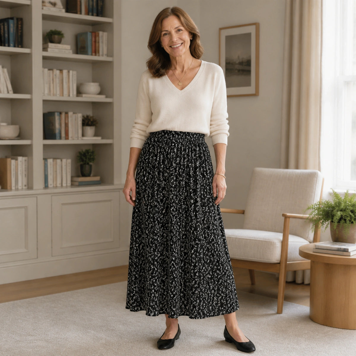 pleated skirt — Black ivory floral A line midi skirt complete front view — view 3