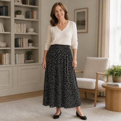 pleated skirt — Black ivory floral A line midi skirt complete front view — view 3