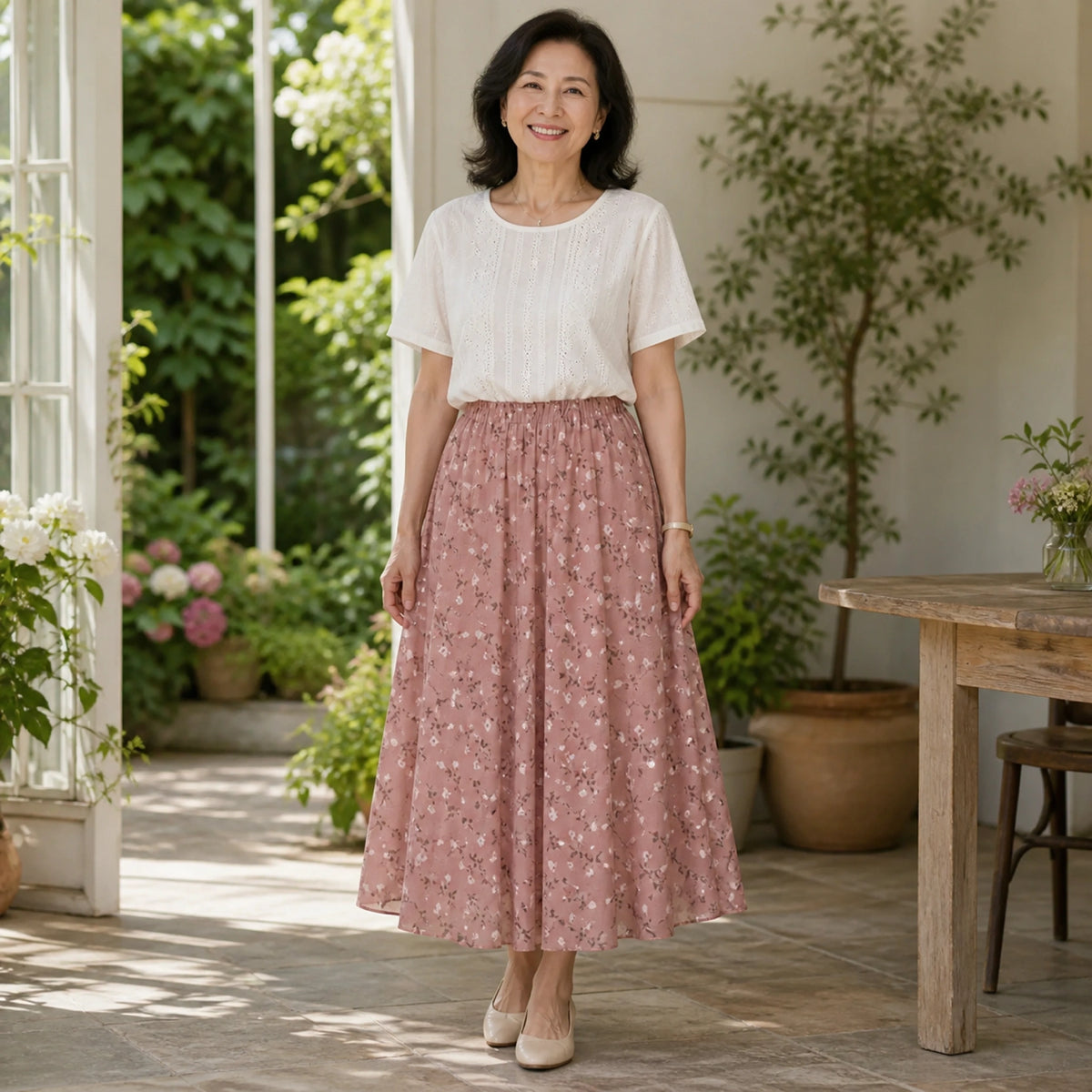 pleated skirt — Dusty rose floral A line midi skirt complete front view — view 4