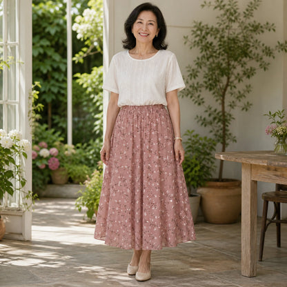 pleated skirt — Dusty rose floral A line midi skirt complete front view — view 4