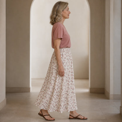 pleated skirt — Apricot pink floral A line skirt true side view — view 6