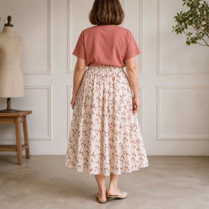 pleated skirt — Apricot pink floral A line skirt direct rear view — view 7