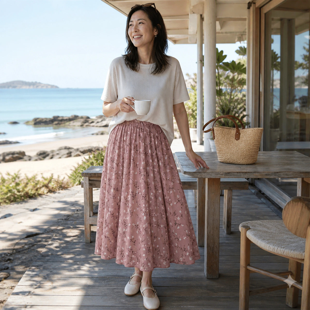 pleated skirt — Woman in her forties wearing a dusty rose floral skirt at coastal cafe — view 9