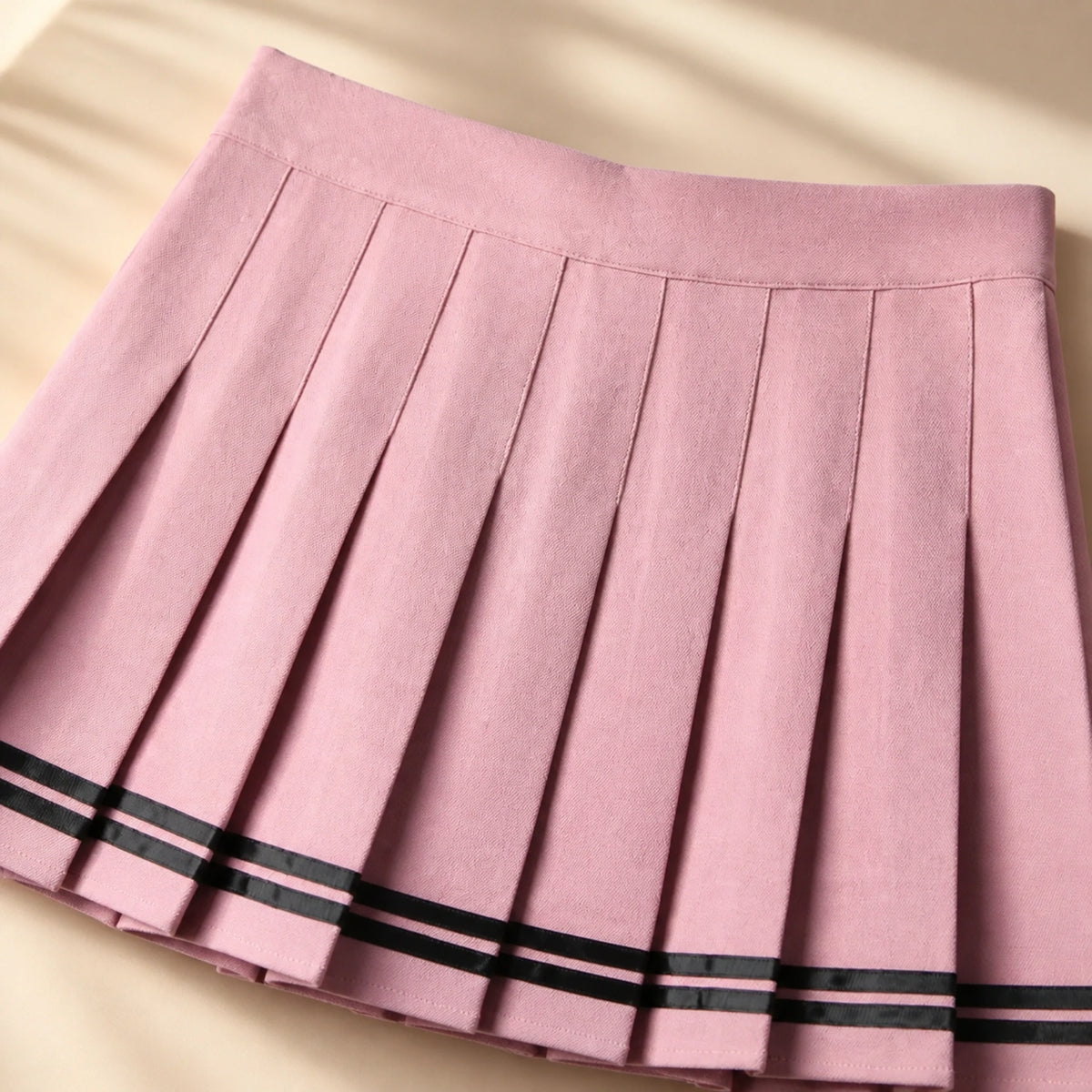 pleated skirt — Pink skirt waistband pleats and black stripe detail — view 8