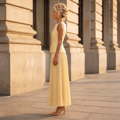 Butter yellow shell and pleated skirt set true side view — view 5