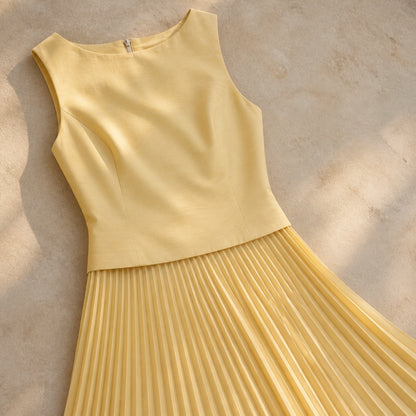 pleated skirt — Butter yellow shell neckline waist darts pleats and hem detail — view 7