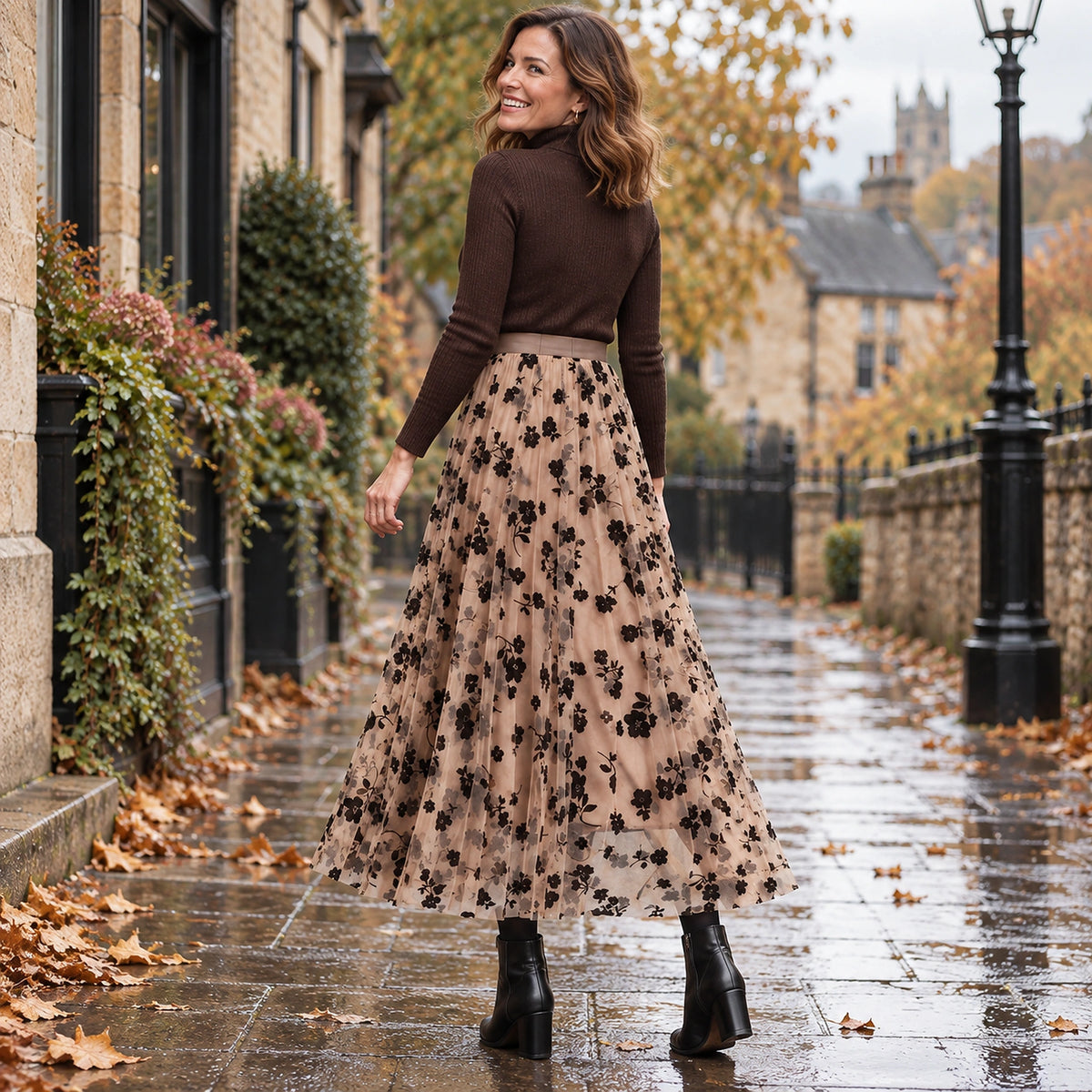 pleated skirt — Back full length view of the Khaki garment worn by a happy adult model in cool UK autumn setting — view 8