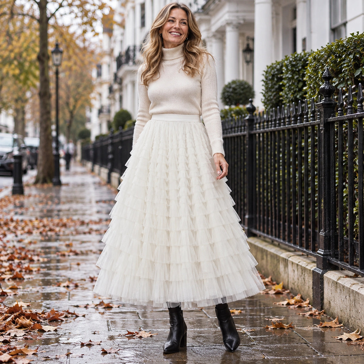 Front full length view of a happy model wearing the White Chloe High Waisted Layered Ruffle and Lace Pleated Skirt — view 11
