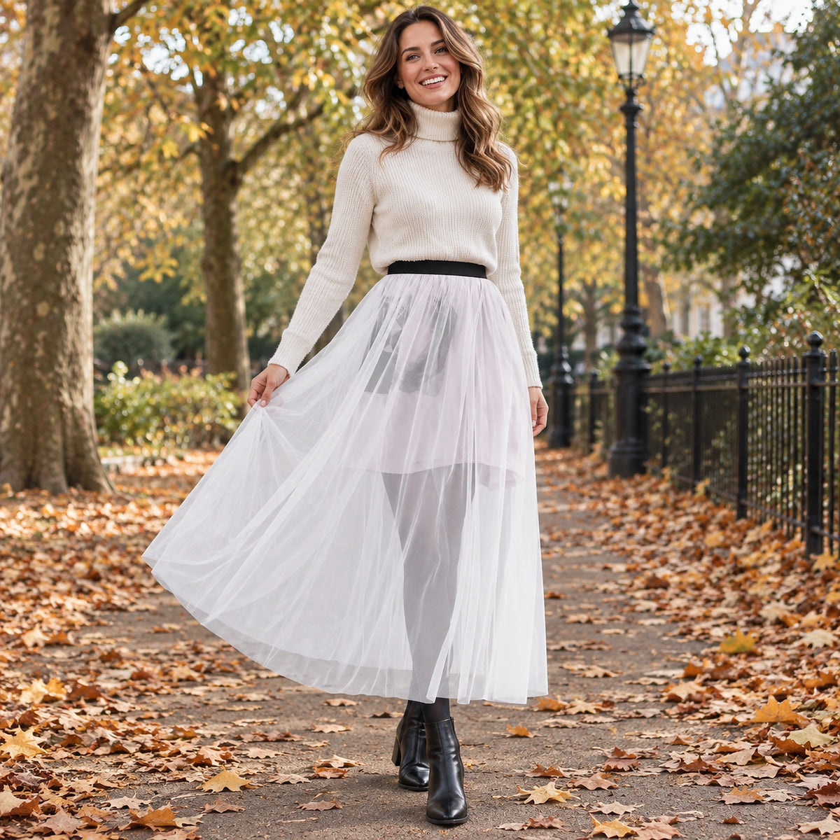 pleated skirt — Front full length view of a happy model wearing the Single layer White Chloe High Waisted Layered — view 14