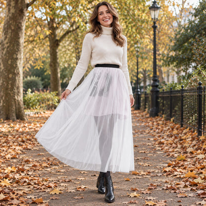 pleated skirt — Front full length view of a happy model wearing the Single layer White Chloe High Waisted Layered — view 14