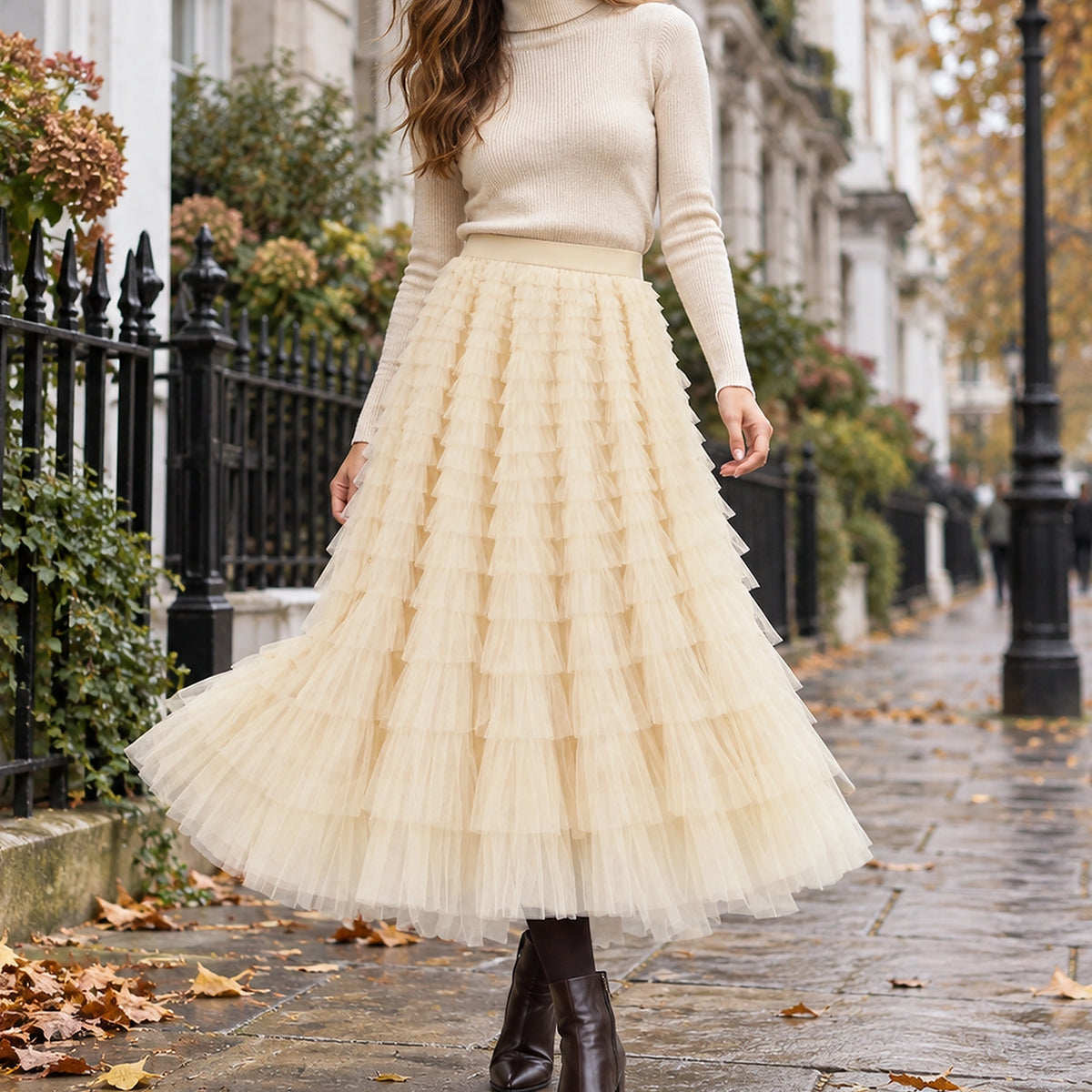 pleated skirt — Front view of the full Apricot skirt worn by an adult model in a cool UK autumn street setting — view 5