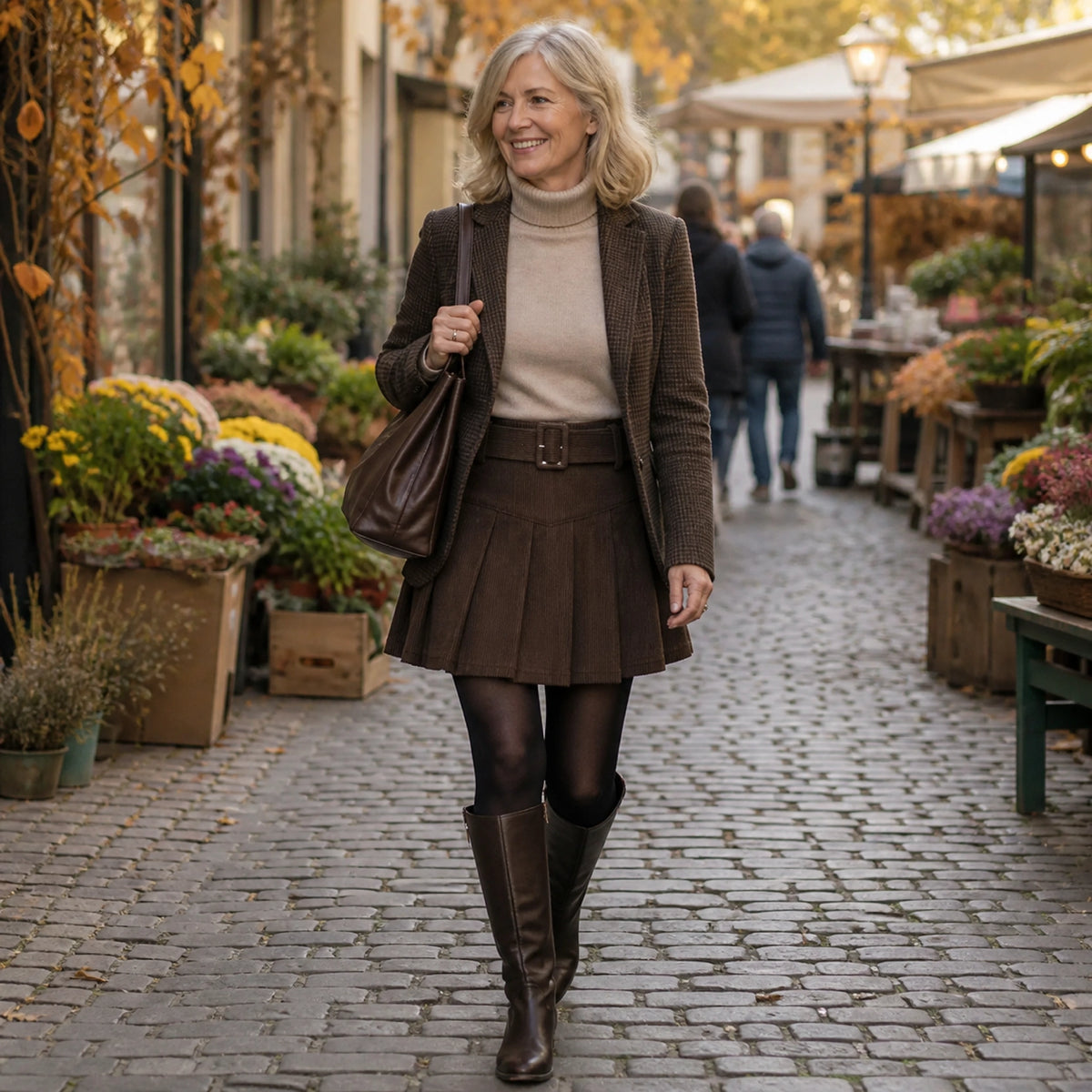 pleated skirt — Woman in her sixties wearing a dark brown corduroy mini skirt at an autumn market — view 8