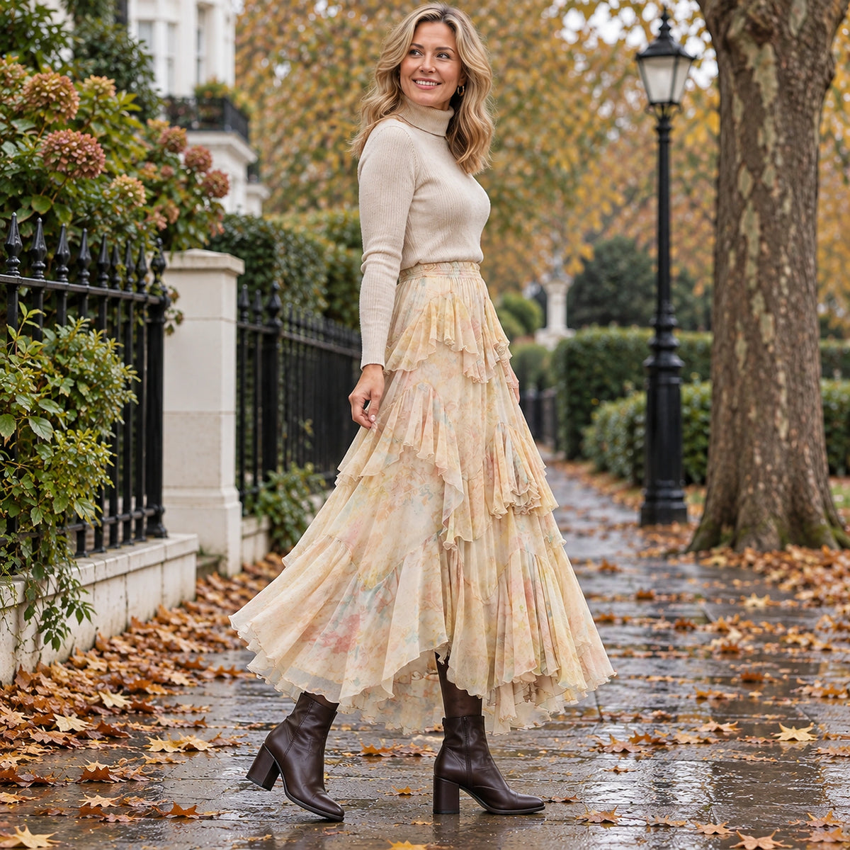 pleated skirt — Side full length view of the Beige garment worn by a happy adult model in cool UK autumn setting — view 3