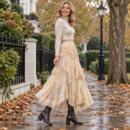 pleated skirt — Side full length view of the Beige garment worn by a happy adult model in cool UK autumn setting — view 3
