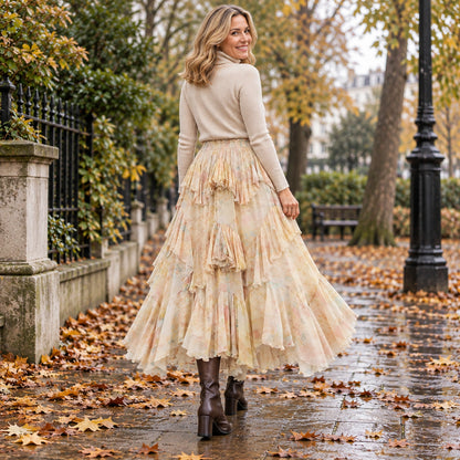 pleated skirt — Back full length view of the Beige garment worn by a happy adult model in cool UK autumn setting — view 4