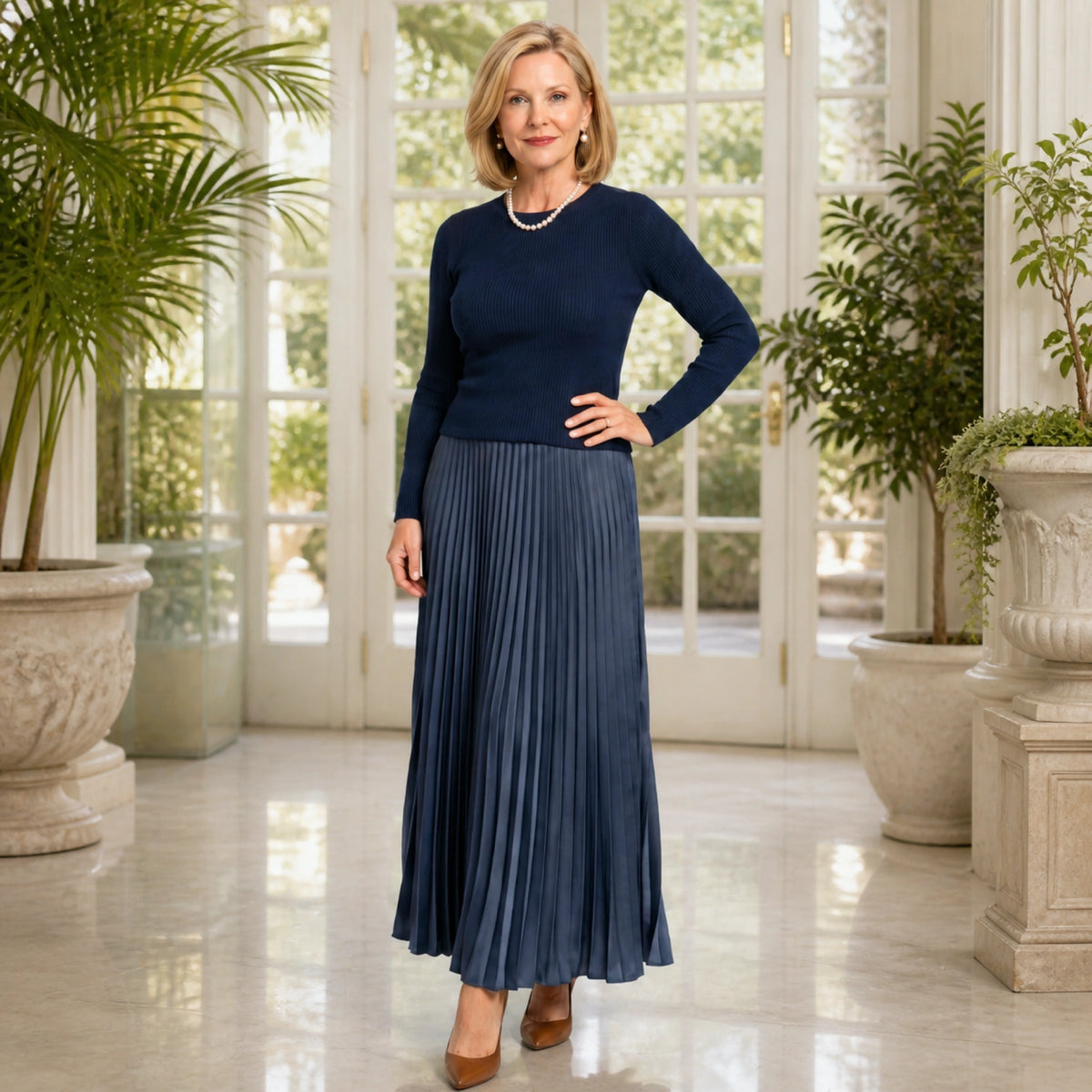 pleated skirt — Navy blue rib knit top and pleated satin skirt set complete front view