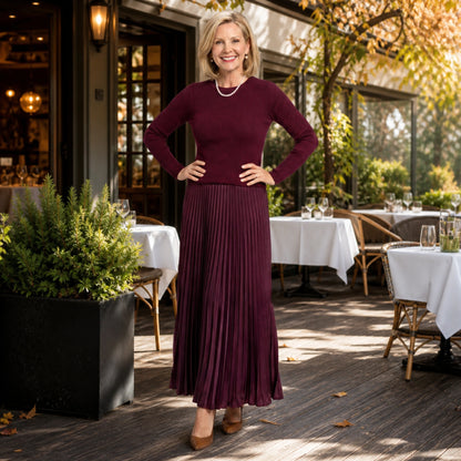 pleated skirt — Deep burgundy rib knit top and pleated satin skirt set complete front view — view 2