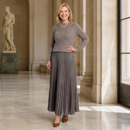 pleated skirt — Soft gray rib knit top and pleated satin skirt set complete front view — view 4