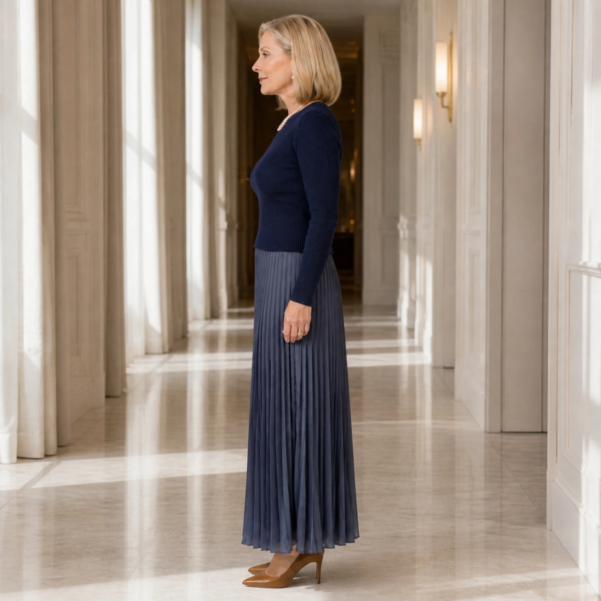 Navy blue knit top and pleated skirt set true side view — view 5