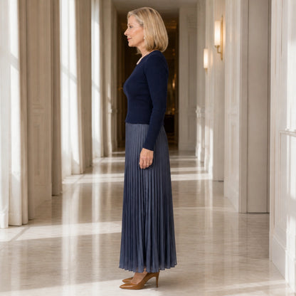 Navy blue knit top and pleated skirt set true side view — view 5