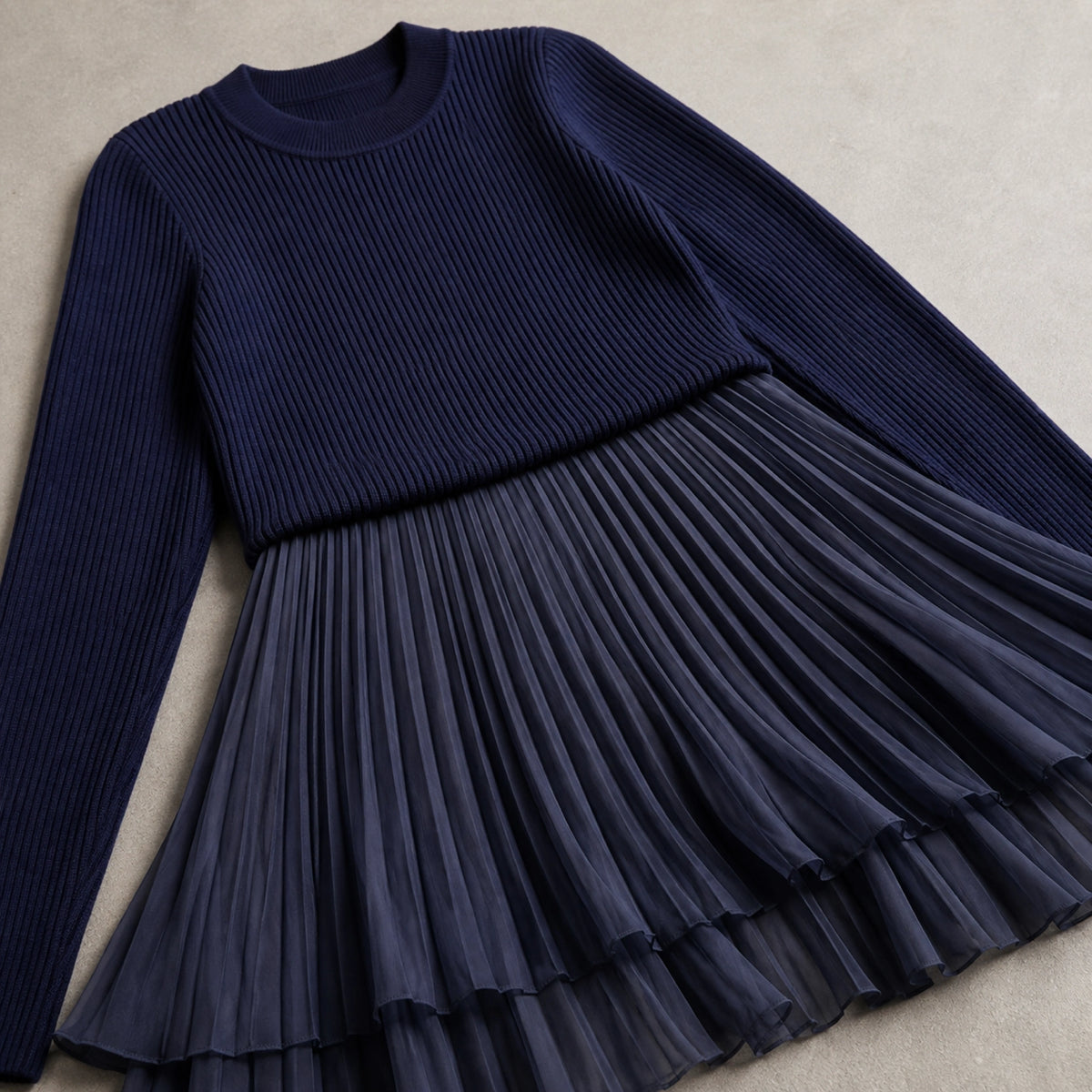 pleated skirt — Navy blue knit rib texture waistband pleats and hem detail — view 7