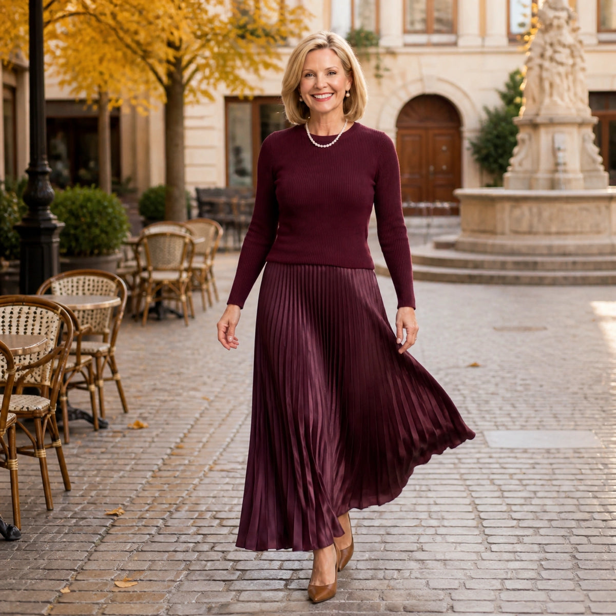 Mature woman wearing deep burgundy knit top and pleated skirt set in an autumn plaza — view 8