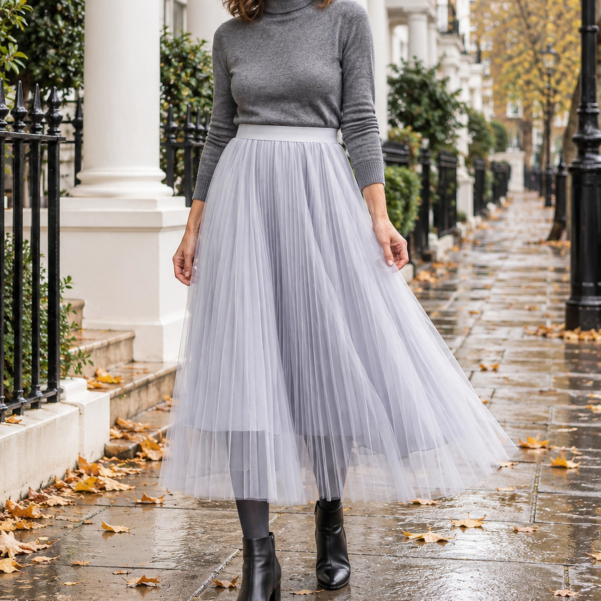 pleated skirt — Front view of the full Gray skirt worn by an adult model in a cool UK autumn street setting — view 3