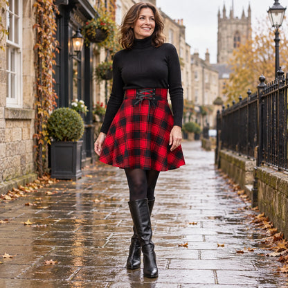 Happy adult model wearing the full Red Lace up Plaid Hazel High Rise A Line Mini Pleated Skirt in cool UK autumn — view 14