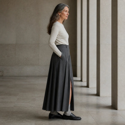 pleated skirt — Dark charcoal pleated maxi skirt true side view — view 2
