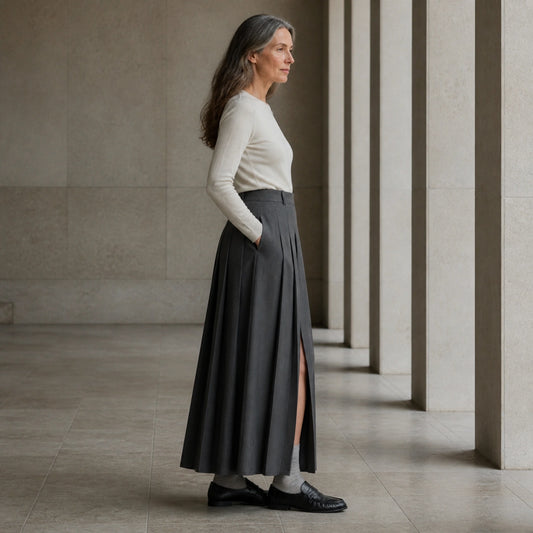 pleated skirt — Dark charcoal pleated maxi skirt true side view — view 2