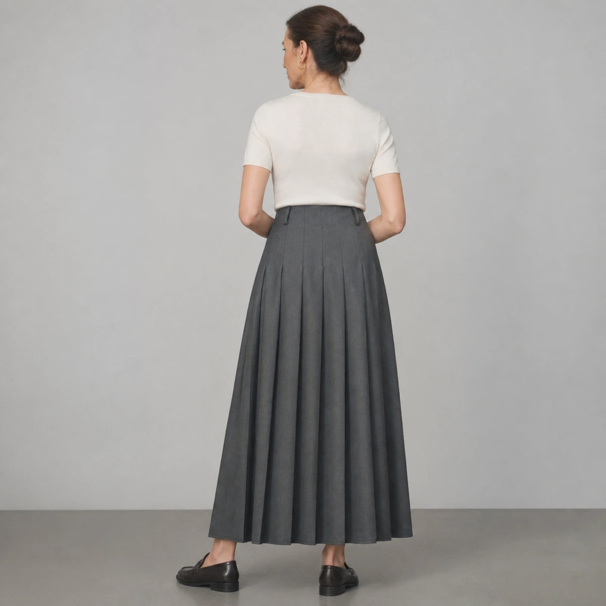 pleated skirt — Dark charcoal pleated maxi skirt direct rear view — view 3