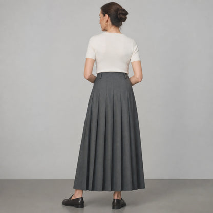 pleated skirt — Dark charcoal pleated maxi skirt direct rear view — view 3