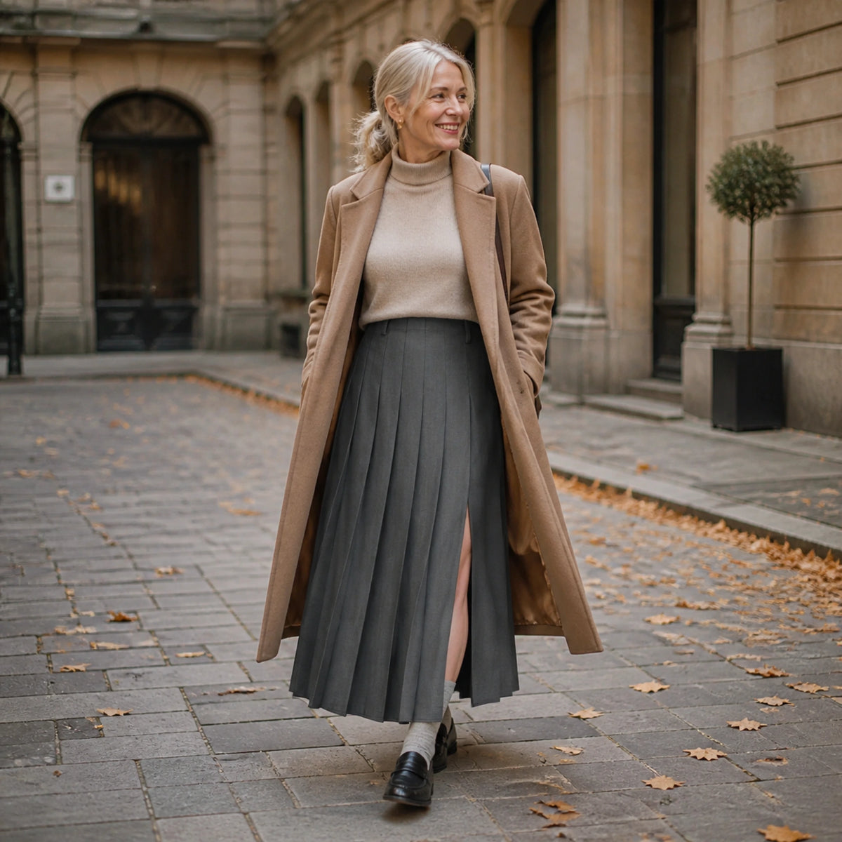 pleated skirt — Woman in her sixties wearing a charcoal pleated maxi skirt an autumn city courtyard — view 5