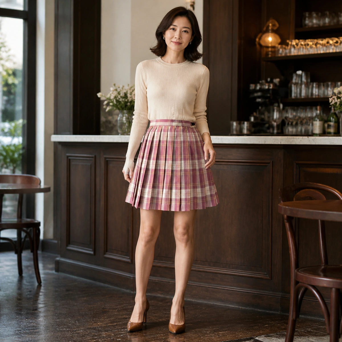pleated skirt — Pink and Brown Plaid high waist pleated mini skirt complete model front view — view 6