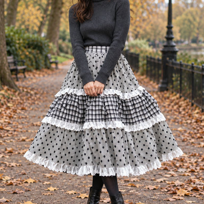 pleated skirt — Front view of the full Black White Ruffle skirt worn by an adult model in a cool UK autumn street — view 2