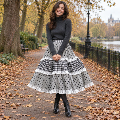Happy adult model wearing the full Black White Ruffle Lily Polka Dot A Line Mid Calf with Pockets Pleated Skirt in — view 5