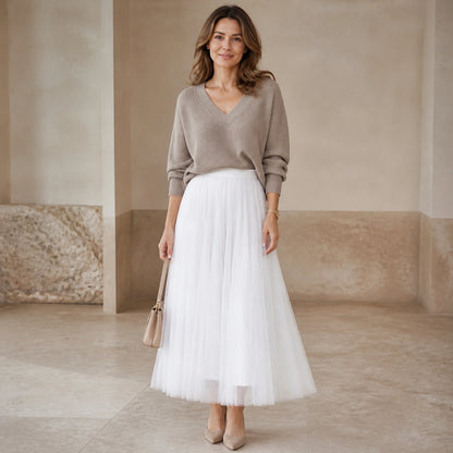 pleated skirt — White pleated tulle midi skirt complete front view — view 4