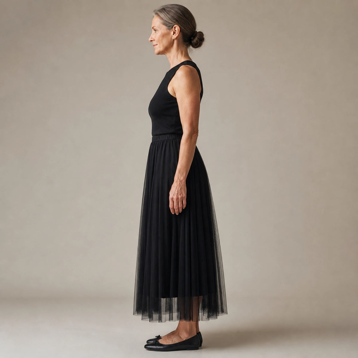 pleated skirt — Black pleated tulle midi skirt true side view — view 5