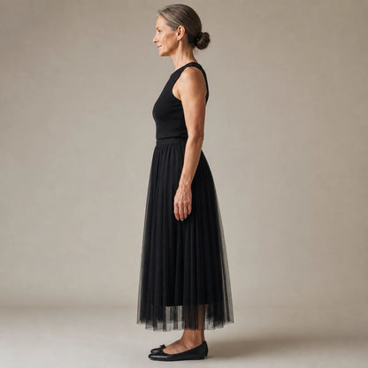 pleated skirt — Black pleated tulle midi skirt true side view — view 5