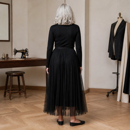 pleated skirt — Black pleated tulle midi skirt direct rear view — view 6