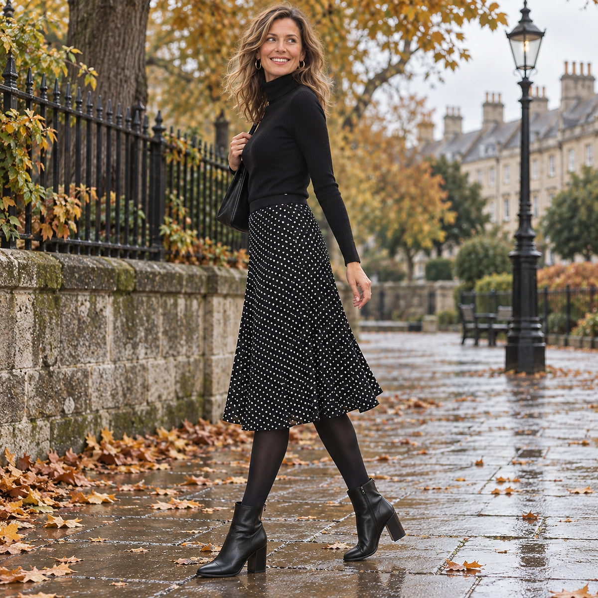 pleated skirt — Side full length view of the Black garment worn by a happy adult model in cool UK autumn setting — view 3