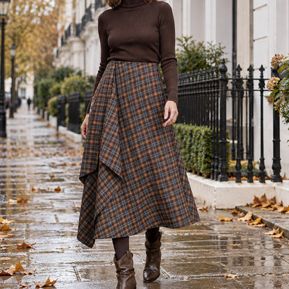 pleated skirt — Front view of the full Coffee skirt worn by an adult model in a cool UK autumn street setting — view 2