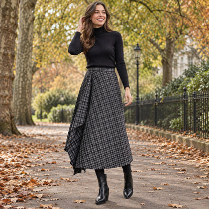 Happy adult model wearing the full Black Luna Toyouth Plaid A Line Ankle Length Pleated Skirt in cool UK autumn — view 3
