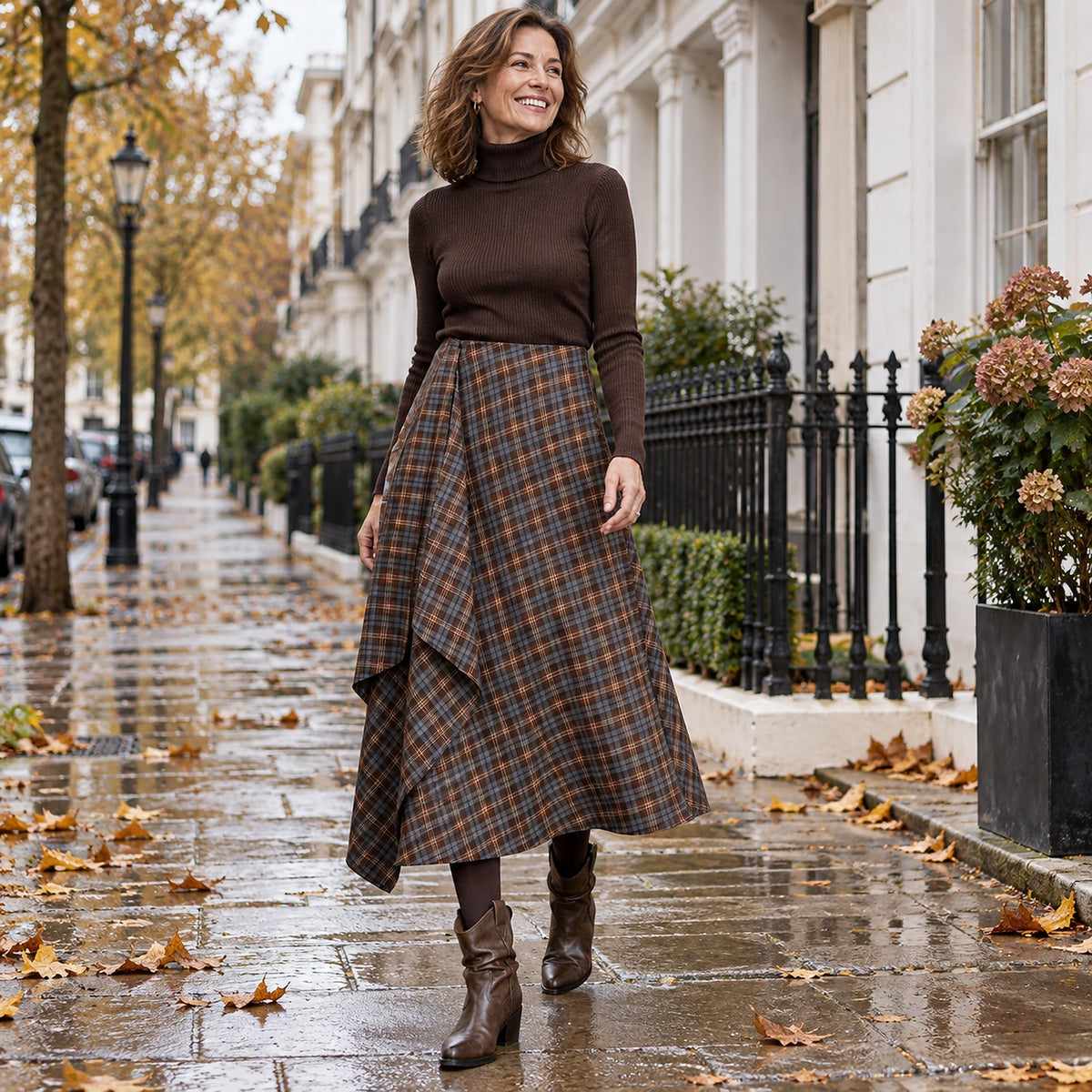 Happy adult model wearing the full Coffee Luna Toyouth Plaid A Line Ankle Length Pleated Skirt in cool UK autumn — view 4