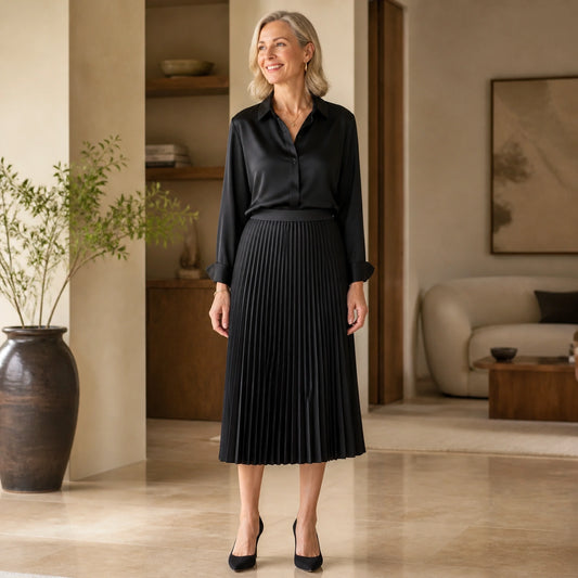 pleated skirt — Black satin accordion pleated midi skirt complete front view