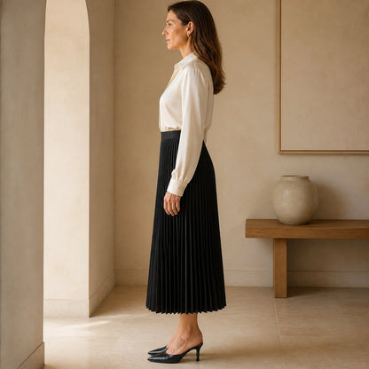pleated skirt — Black accordion pleated midi skirt true side view — view 6