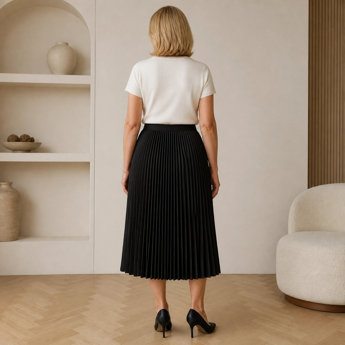 pleated skirt — Black accordion pleated midi skirt direct rear view — view 7