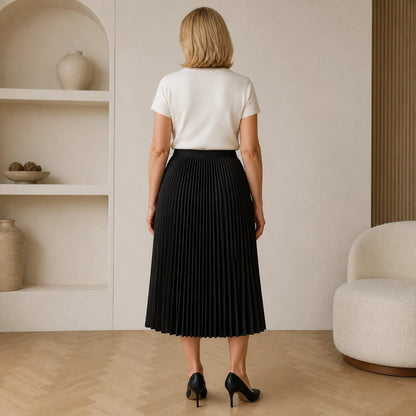 pleated skirt — Black accordion pleated midi skirt direct rear view — view 7