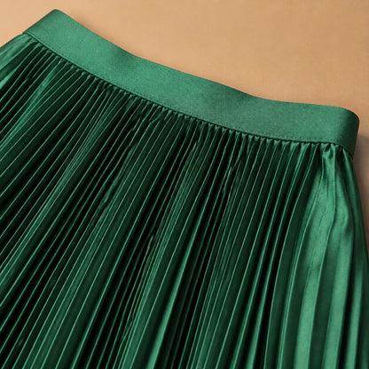 pleated skirt — Emerald green skirt elastic waistband and fine pleat detail — view 8