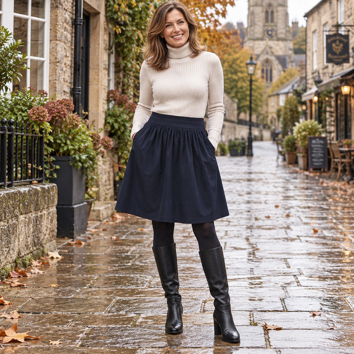 pleated skirt — Happy adult model wearing the full Navy Nora Tibetan Blue High Waist A Line Knee Length Sports in — view 5
